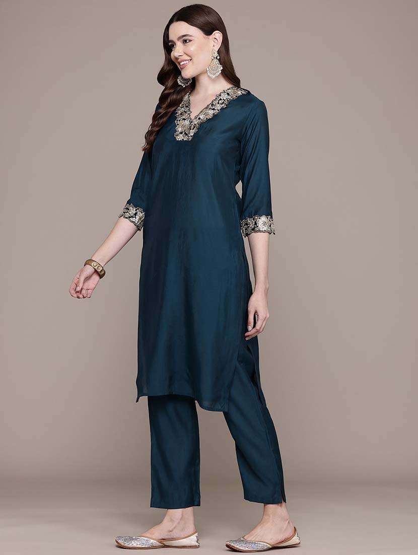 women teal solid v neck kurta pant set - 21648659 -  Standard Image - 1