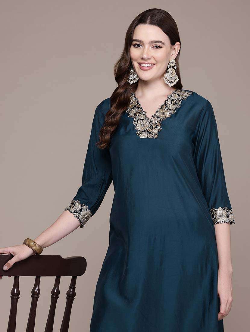 women teal solid v neck kurta pant set - 21648659 -  Standard Image - 4