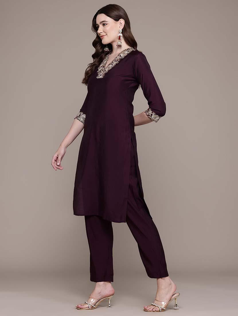 women solid embroidered v neck kurta pant set - 21648660 -  Standard Image - 1