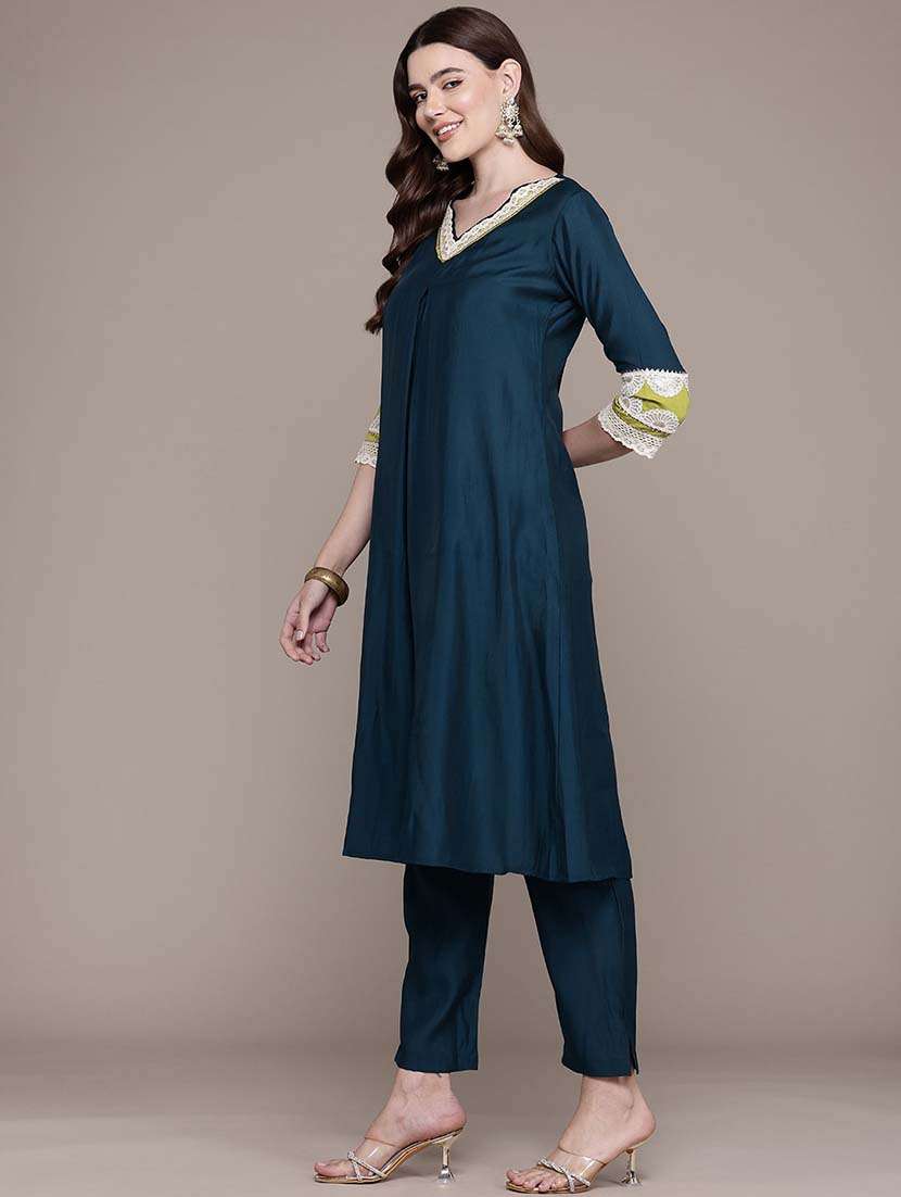 women solid lace work v neck kurta pant set - 21648663 -  Standard Image - 1
