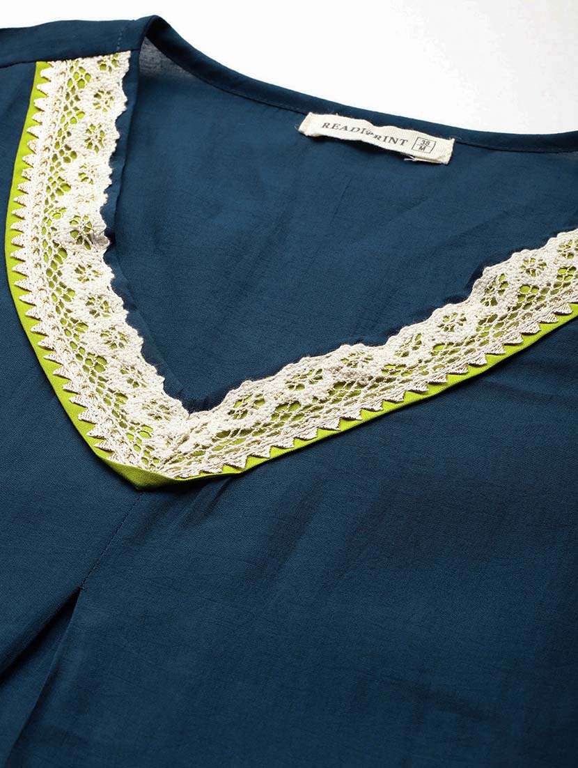 women solid lace work v neck kurta pant set - 21648663 -  Standard Image - 4