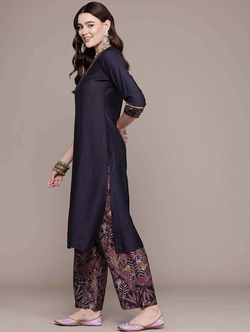 women solid v neck kurta palazzo set - 21648670 -  Standard Image - 1