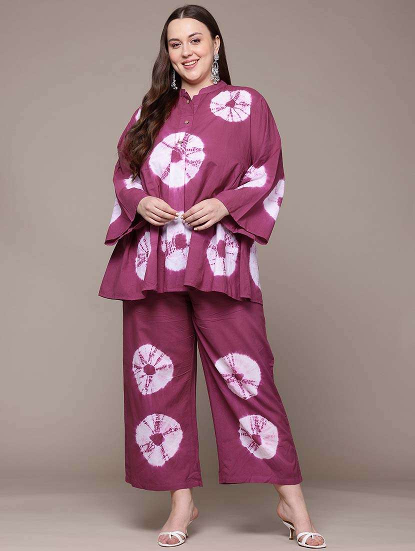 women plus size tie & dye mandarin neck co-ords set - 21648699 -  Zoom Image - 0