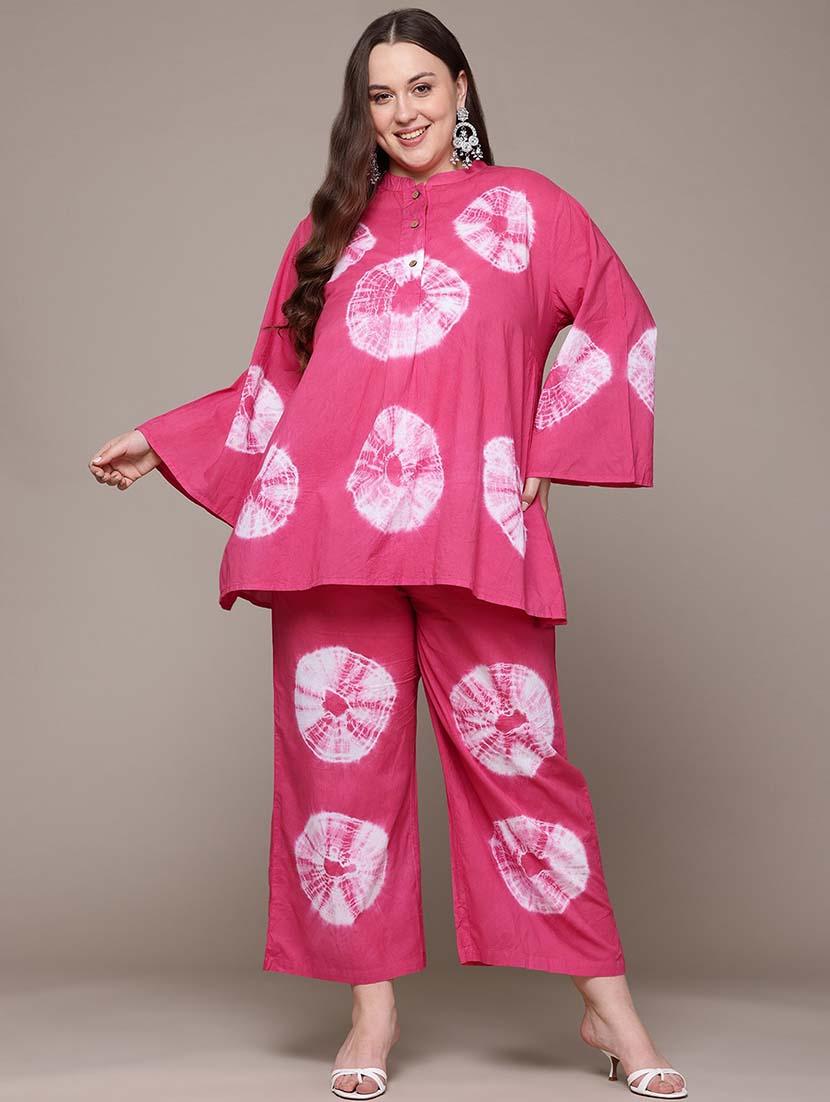 women tie & dye plus size mandarin neck co-ords set
