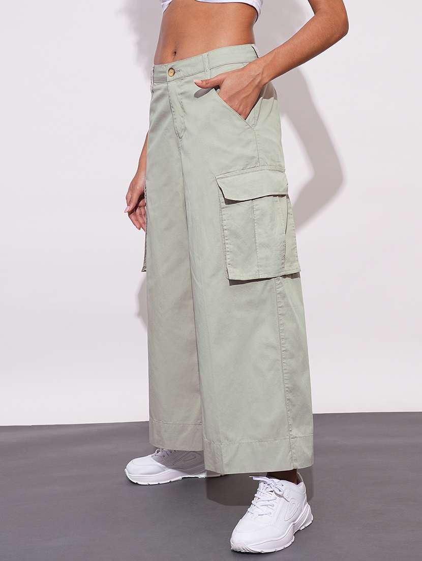 globus women beige cotton mid-rise cargo style wide leg trousers - 21648718 -  Standard Image - 1