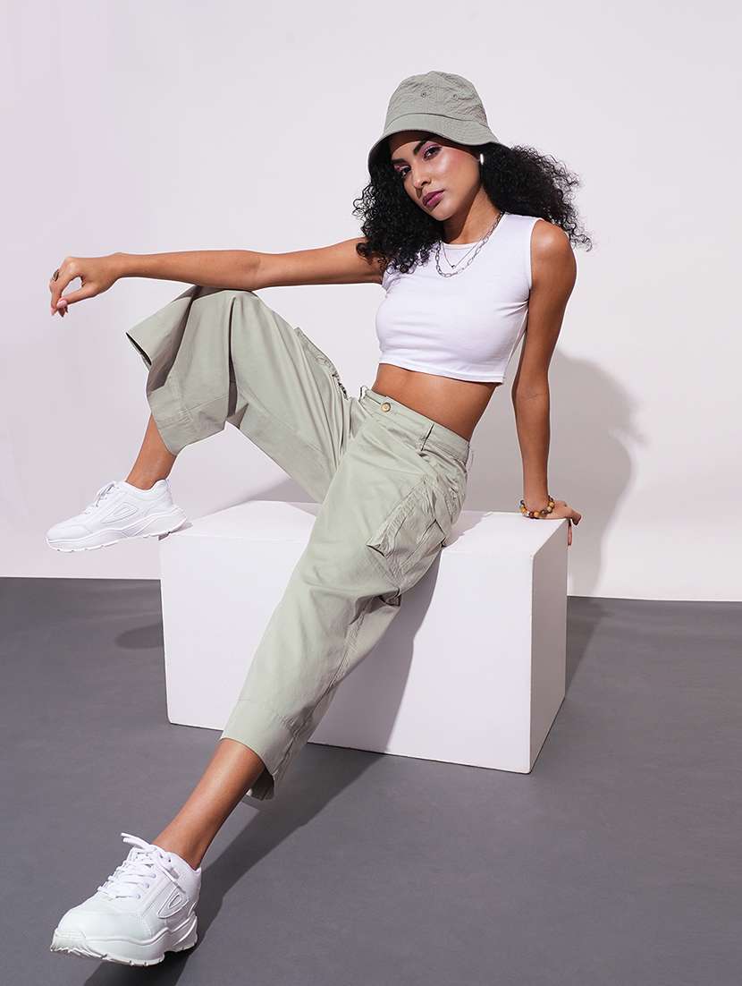 globus women beige cotton mid-rise cargo style wide leg trousers - 21648718 - Standard Image - 4