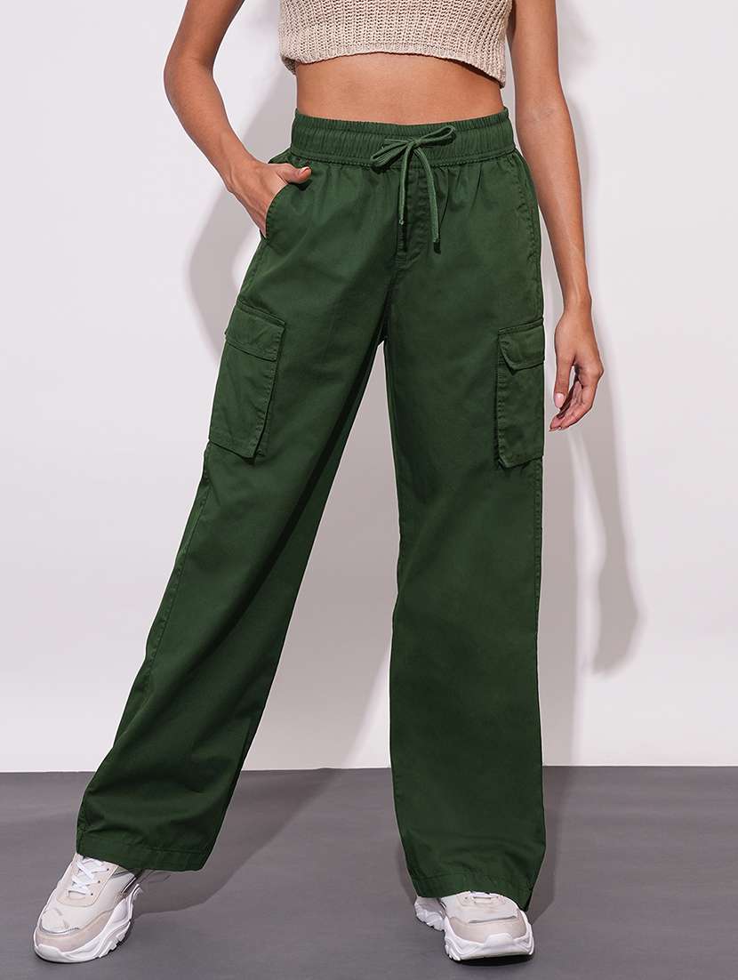 globus women olive cotton high-rise elasticated waist relaxed fit wide leg cargo trousers