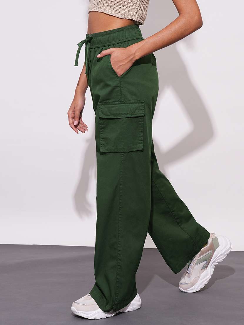 globus women olive cotton high-rise elasticated waist relaxed fit wide leg cargo trousers - 21648719 -  Standard Image - 1