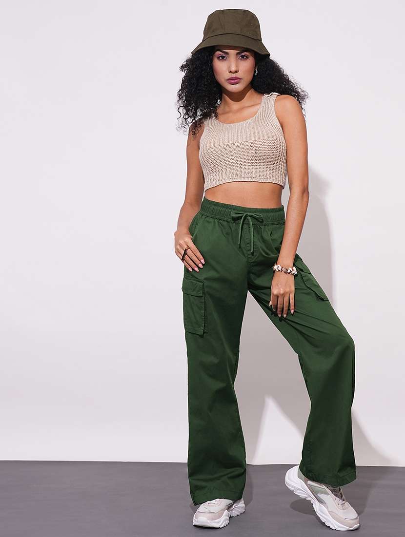 globus women olive cotton high-rise elasticated waist relaxed fit wide leg cargo trousers - 21648719 -  Standard Image - 4