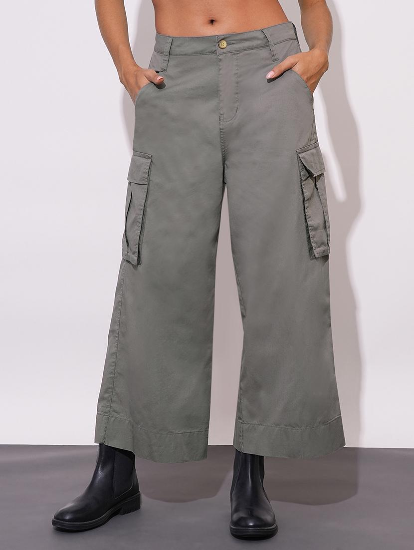 globus women dark grey cotton mid-rise cargo style wide leg trousers - 21648720 -  Standard Image - 1