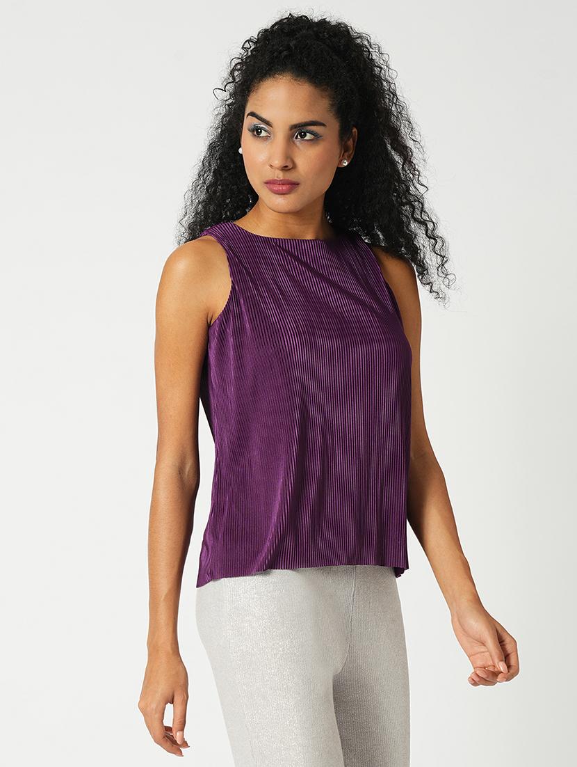 globus women purple round neck sleeveless accordian pleats party top - 21648723 - Standard Image - 1