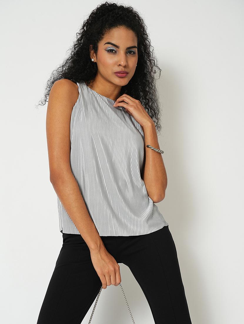 globus women silver round neck sleeveless accordian pleats party top - 21648724 - Standard Image - 1