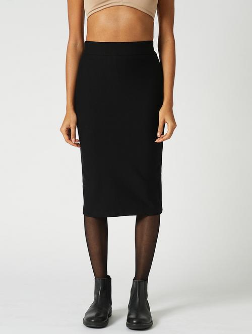 globus women black stretchable high-rise back slit midi workwear pencil skirt - 21648731 - Standard Image - 0