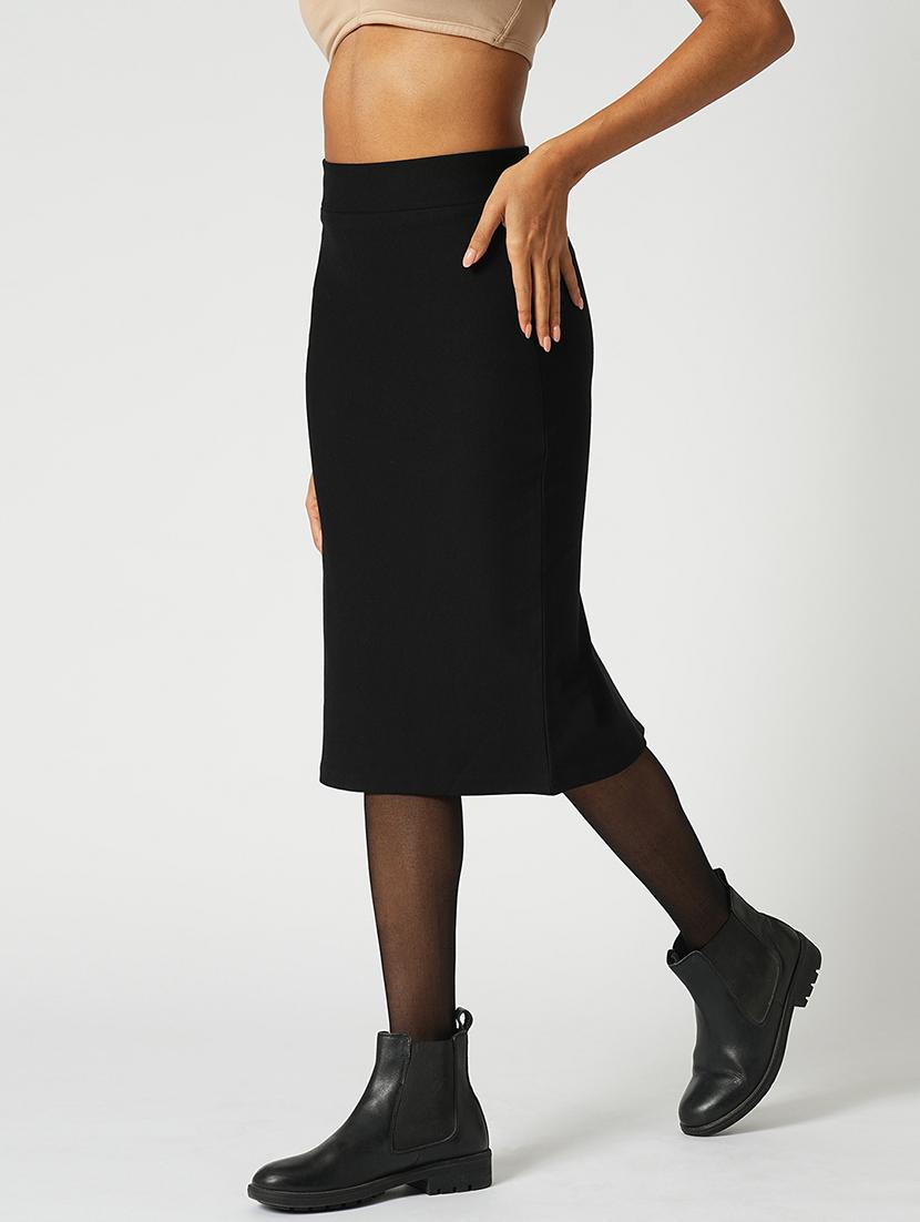 globus women black stretchable high-rise back slit midi workwear pencil skirt - 21648731 - Standard Image - 1