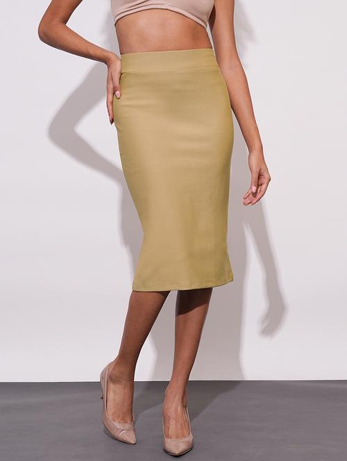 globus women camel stretchable high-rise back slit midi workwear pencil skirt - 21648732 - Standard Image - 0