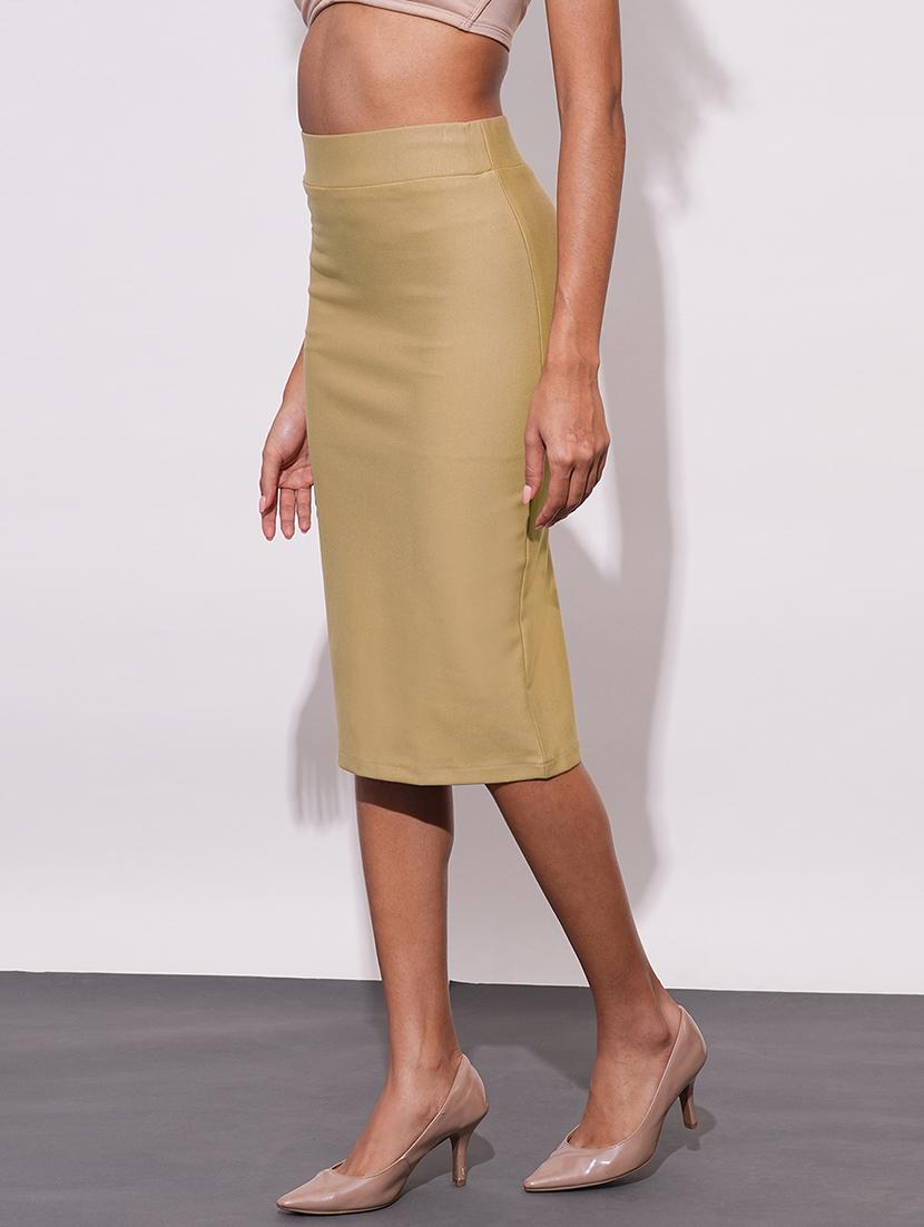 globus women camel stretchable high-rise back slit midi workwear pencil skirt - 21648732 - Standard Image - 1