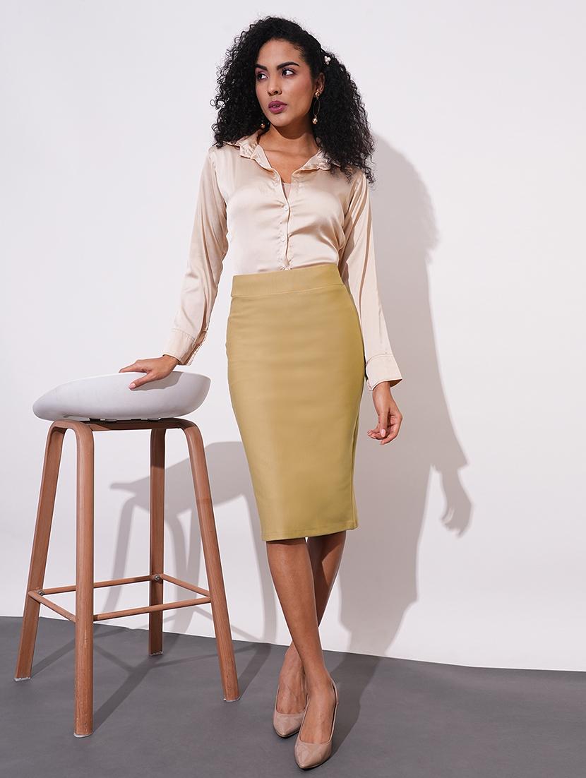 globus women camel stretchable high-rise back slit midi workwear pencil skirt - 21648732 - Standard Image - 4