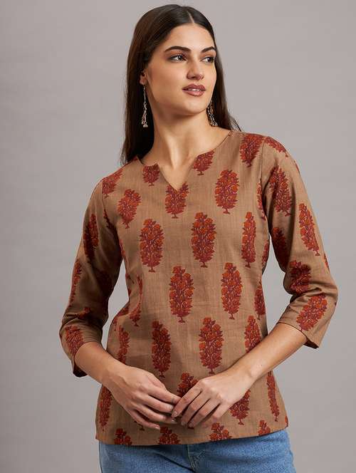 women brown notch neck straight kurti - 21648737 - Standard Image - 0