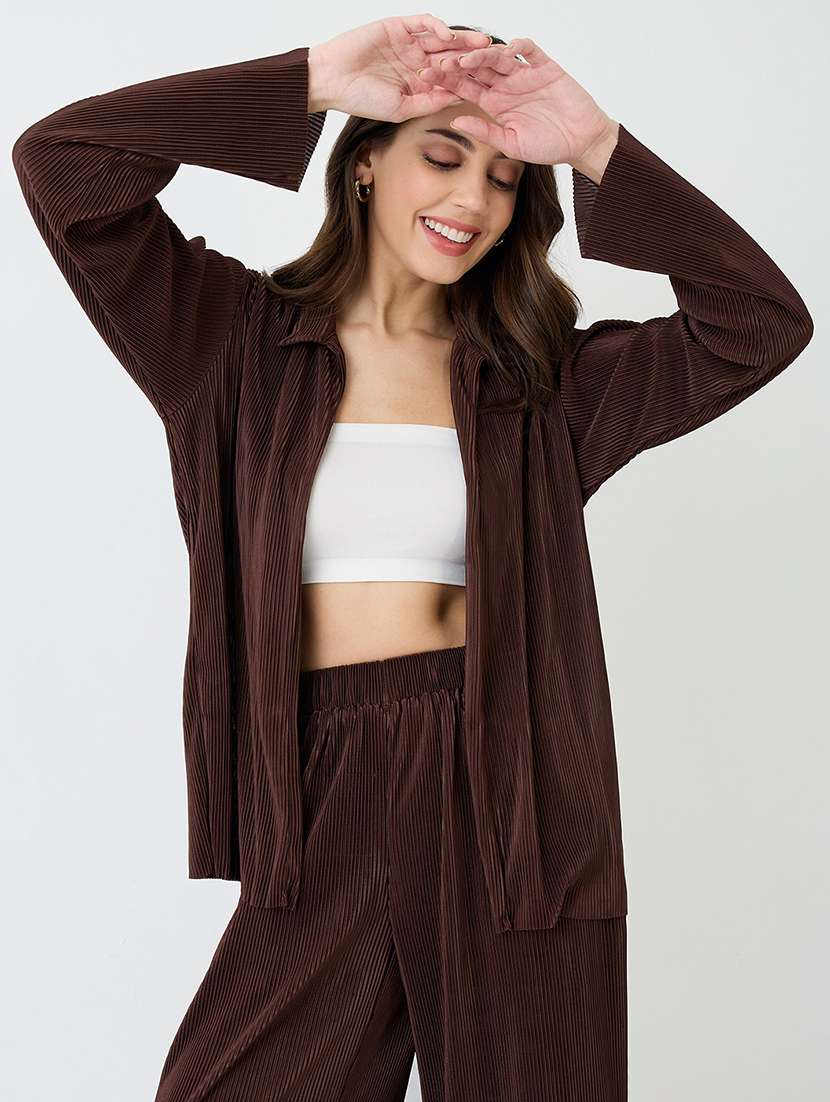 globus women brown accordion pleats shirt with elasticated wide-leg trousers plisse co-ord set - 21648745 -  Standard Image - 1