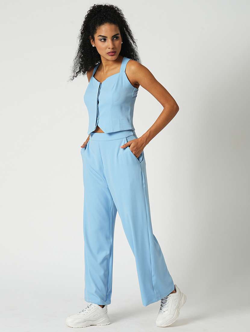 globus women blue sweetheart neck cross straps back designed crop top with wide-leg trousers party co-ord set