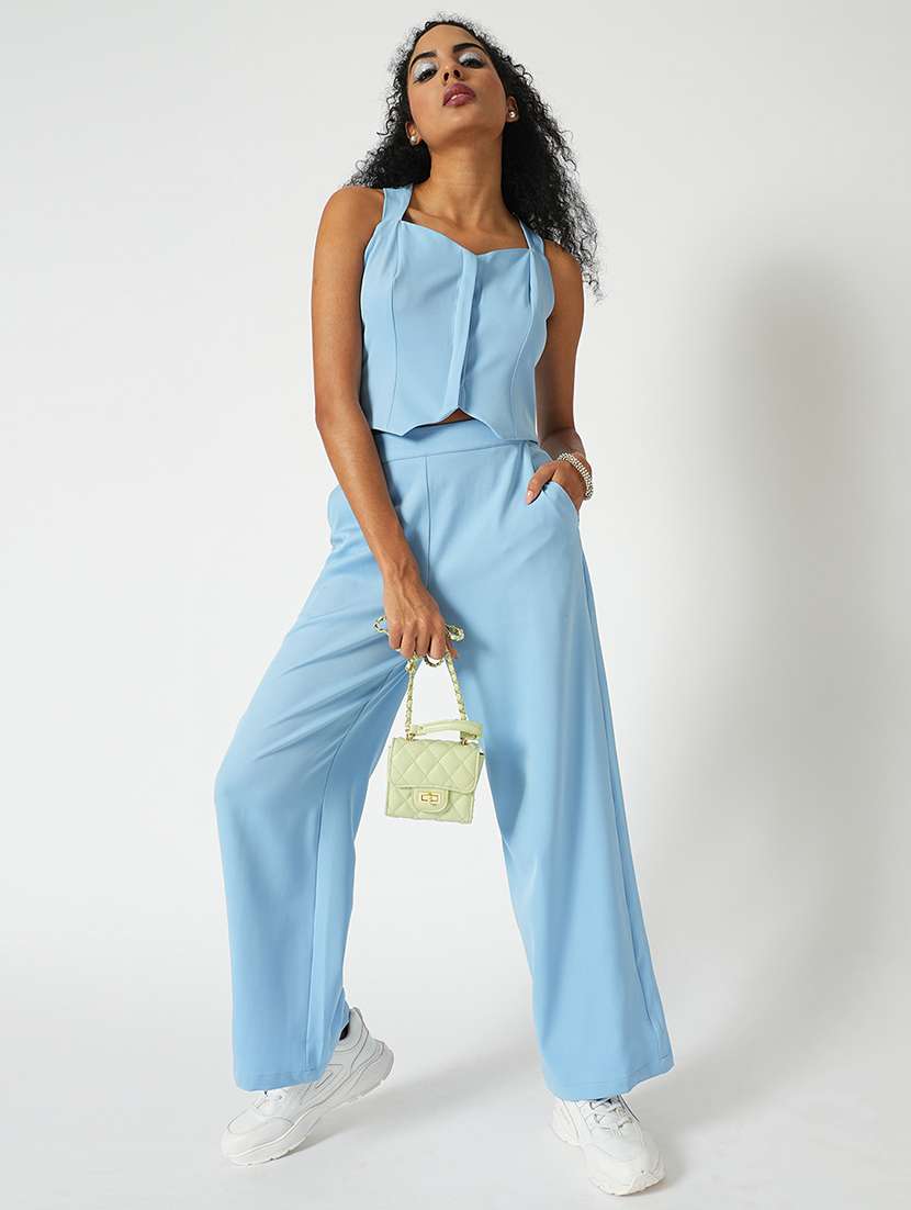 globus women blue sweetheart neck cross straps back designed crop top with wide-leg trousers party co-ord set - 21648748 -  Standard Image - 1