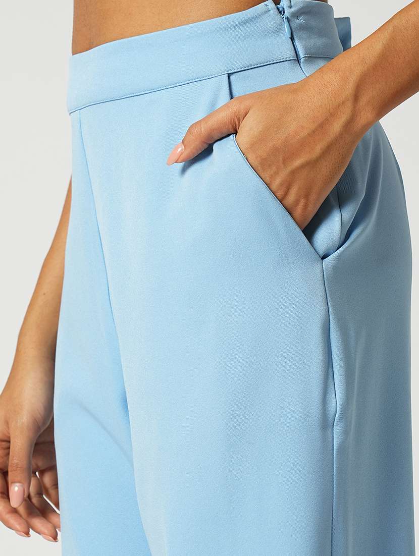 globus women blue sweetheart neck cross straps back designed crop top with wide-leg trousers party co-ord set - 21648748 -  Standard Image - 4