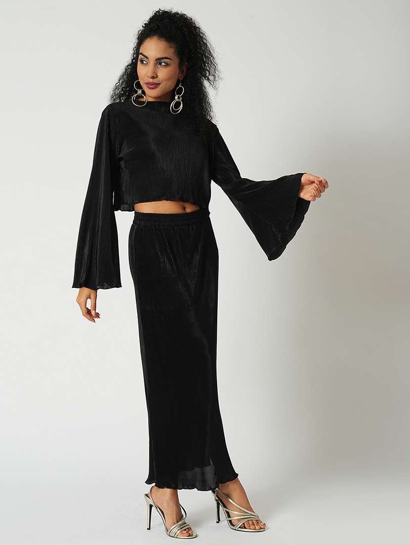 globus women black accordion pleats round neck bell sleeves crop top with side slit maxi skirt party co-ord set