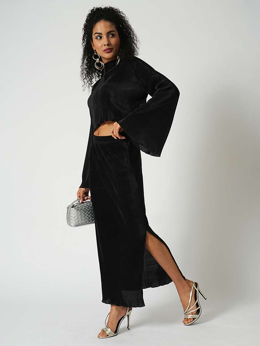 globus women black accordion pleats round neck bell sleeves crop top with side slit maxi skirt party co-ord set - 21648749 -  Standard Image - 1