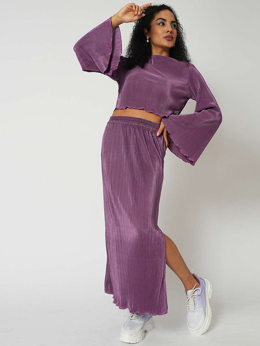 globus women lavender accordion pleats round neck bell sleeves crop top with side slit maxi skirt party co-ord set