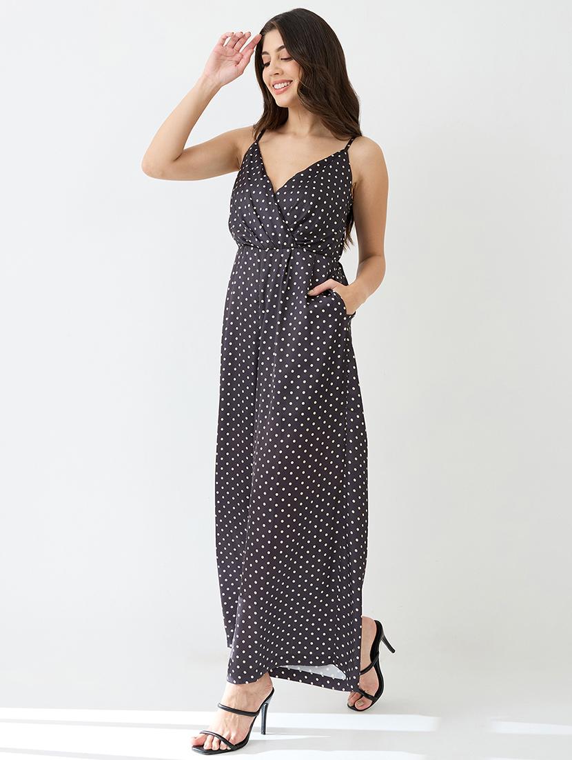 globus women black & white polka dots wrap neck strappy shoulder satin party jumpsuit - 21648751 -  Standard Image - 1