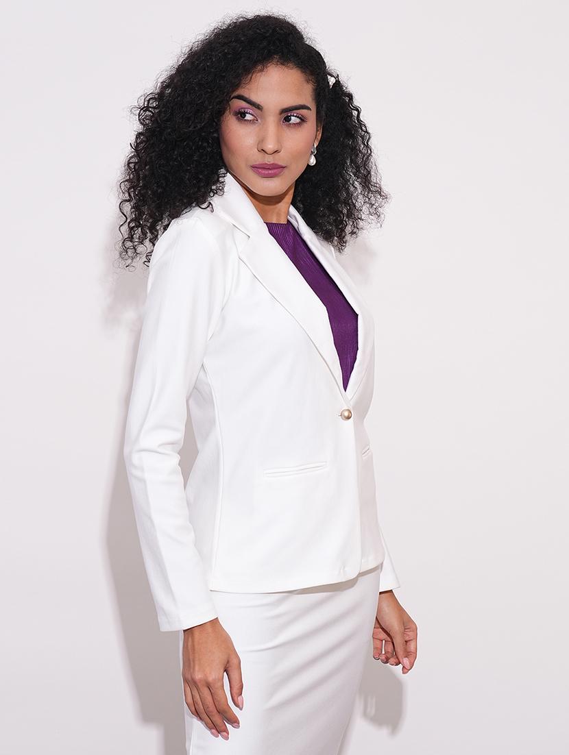 globus women off white notch lapel long sleeves stretchable curved hem open front workwear blazer jacket - 21648765 - Standard Image - 1