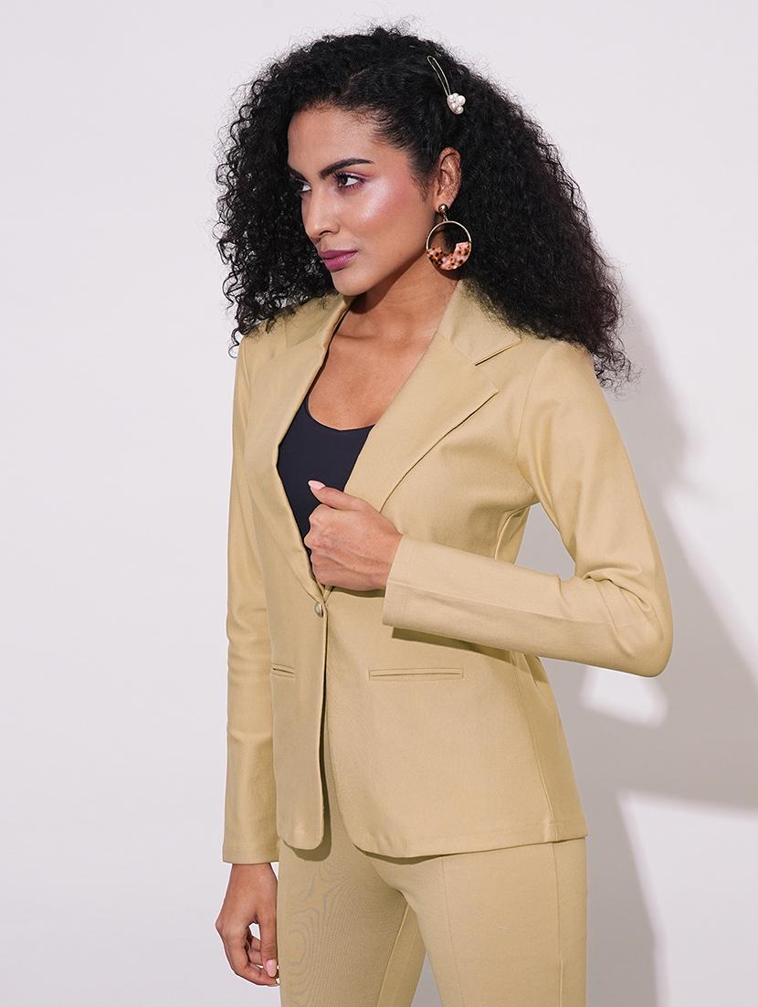 globus women camel notch lapel long sleeves stretchable curved hem open front workwear blazer jacket - 21648766 -  Zoom Image - 0