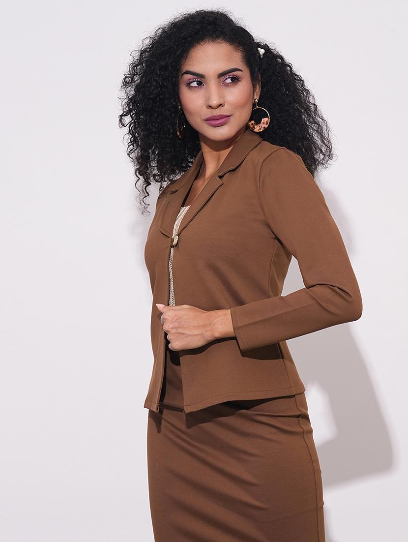 globus women coffee notch lapel long sleeves stretchable straight hem open front workwear blazer jacket - 21648767 -  Standard Image - 1