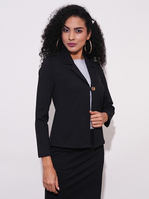 globus women black notch lapel long sleeves stretchable straight hem open front workwear blazer jacket - 21648768 -  Standard Image - 0