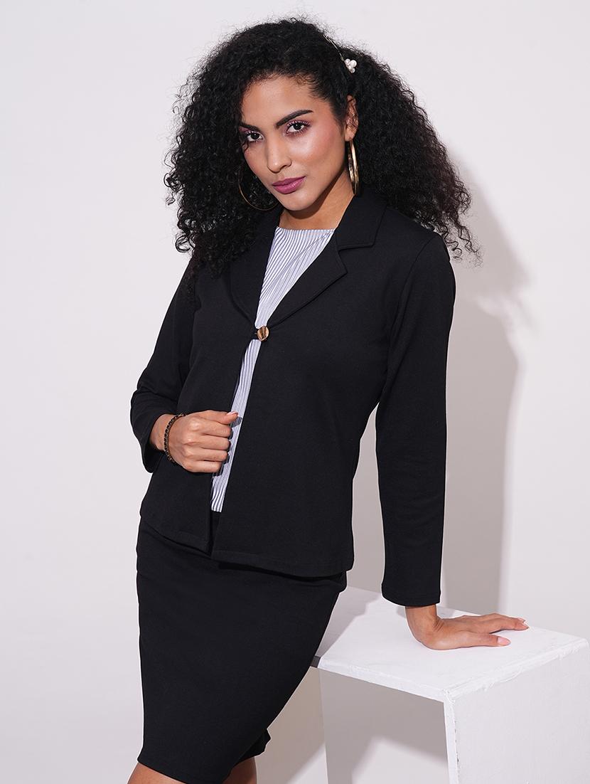 globus women black notch lapel long sleeves stretchable straight hem open front workwear blazer jacket - 21648768 - Standard Image - 1
