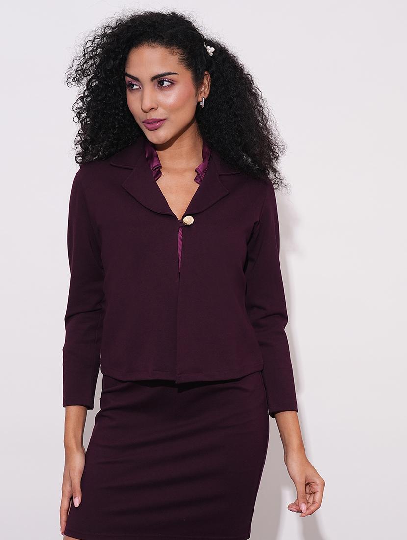globus women plum notch lapel long sleeves stretchable straight hem open front workwear blazer jacket - 21648769 - Standard Image - 1
