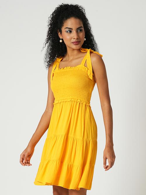 globus women yellow square neck tie-up sleeves smocked fit & flare tiered dress - 21648771 -  Standard Image - 0