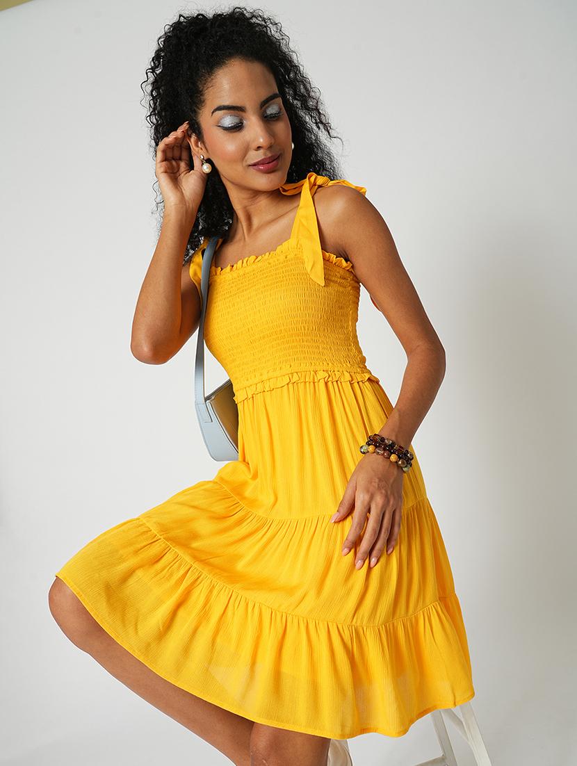 globus women yellow square neck tie-up sleeves smocked fit & flare tiered dress - 21648771 -  Standard Image - 1