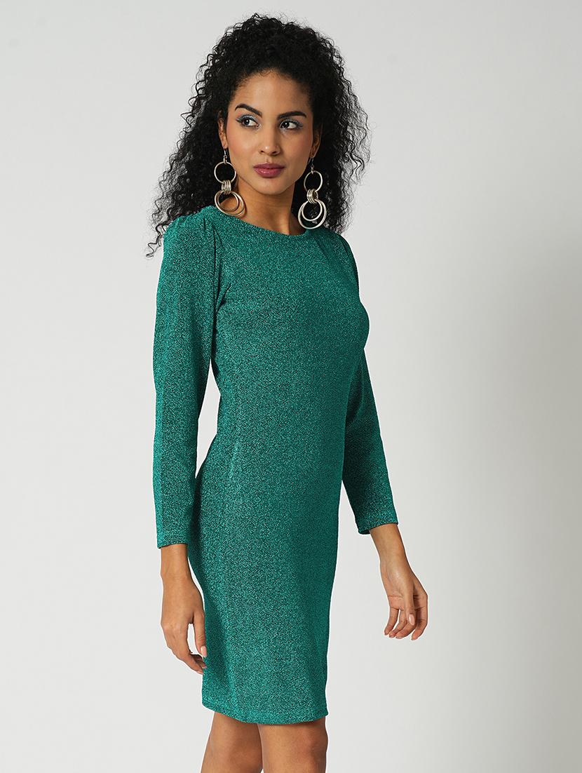 globus women green round neck puff sleeves shimmer mini bodycon party dress - 21648775 - Standard Image - 1