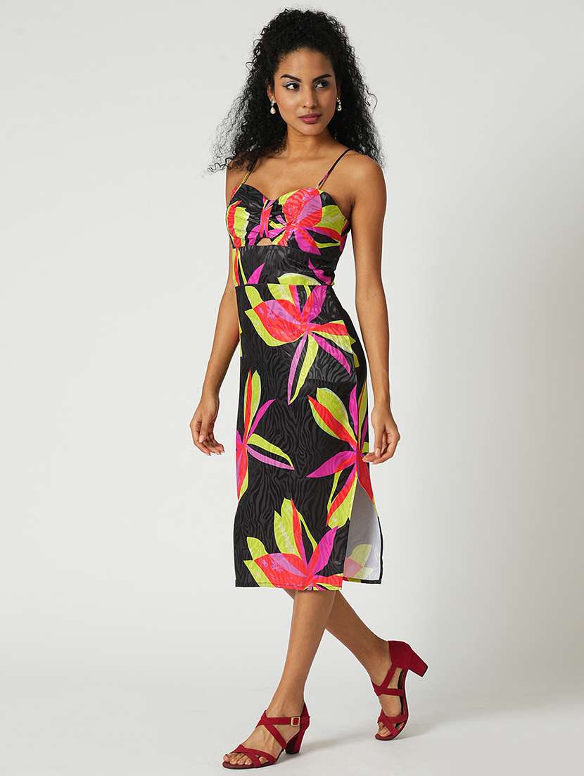 globus women black floral print sweetheart neck strappy shoulder cut-out detail midi bodycon party dress