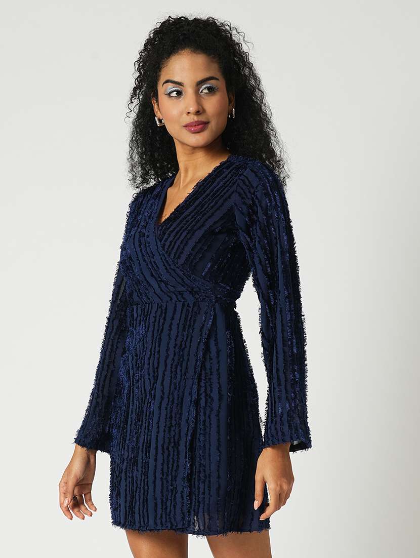 globus women navy blue self textured wrap v-neck sheath mini party dress