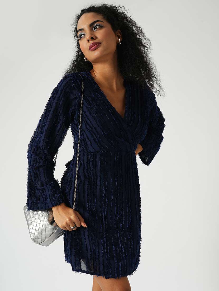 globus women navy blue self textured wrap v-neck sheath mini party dress - 21648783 -  Standard Image - 1