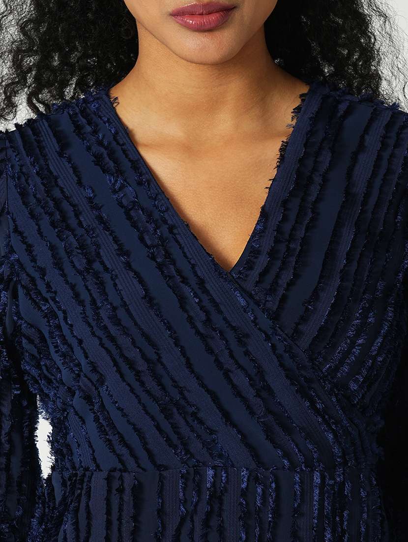 globus women navy blue self textured wrap v-neck sheath mini party dress - 21648783 -  Standard Image - 4