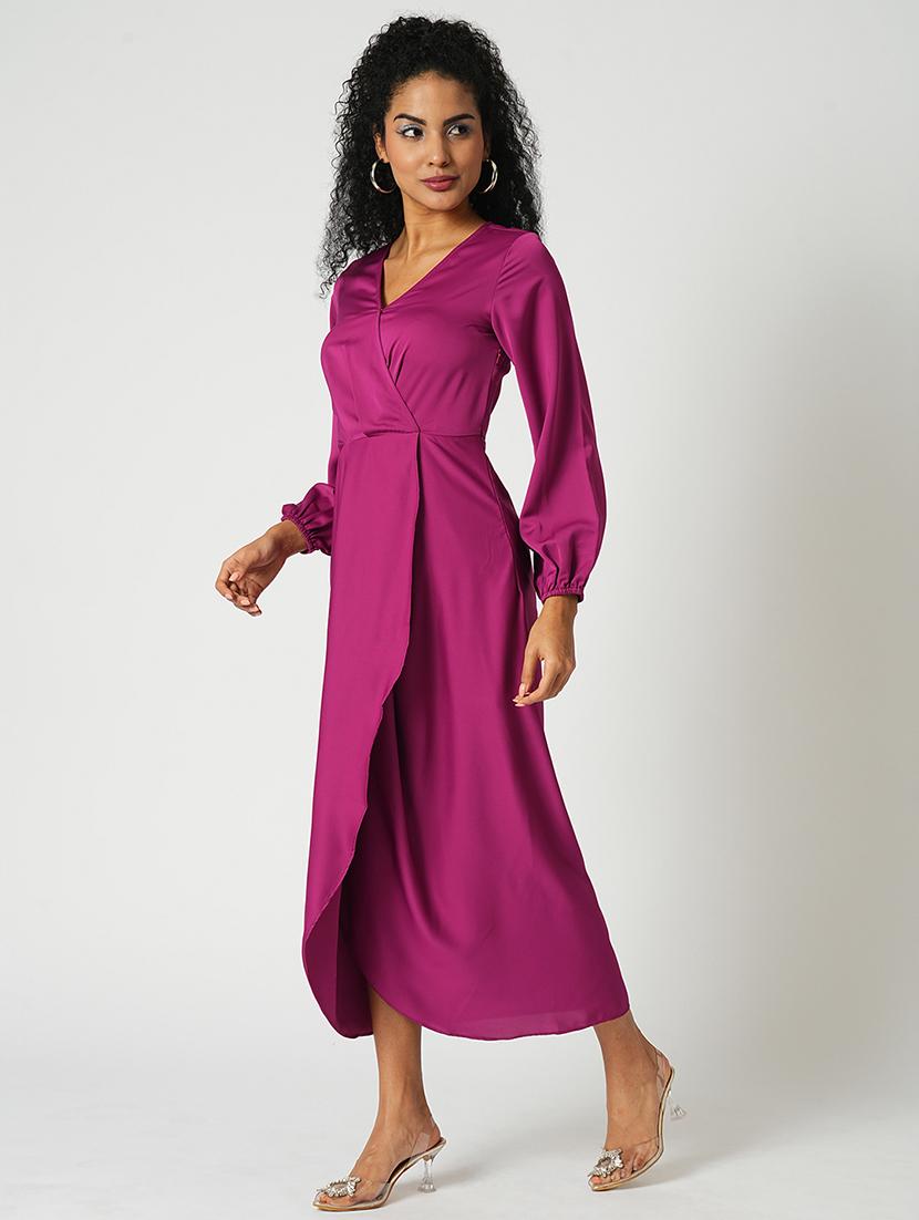 globus women magenta wrap neck full sleeves tulip hem satin midi sheath party dress - 21648785 - Standard Image - 1