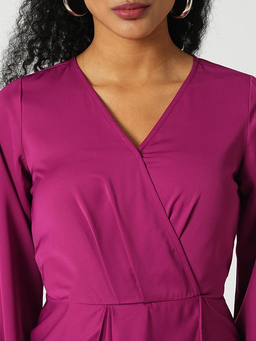 globus women magenta wrap neck full sleeves tulip hem satin midi sheath party dress - 21648785 - Standard Image - 4