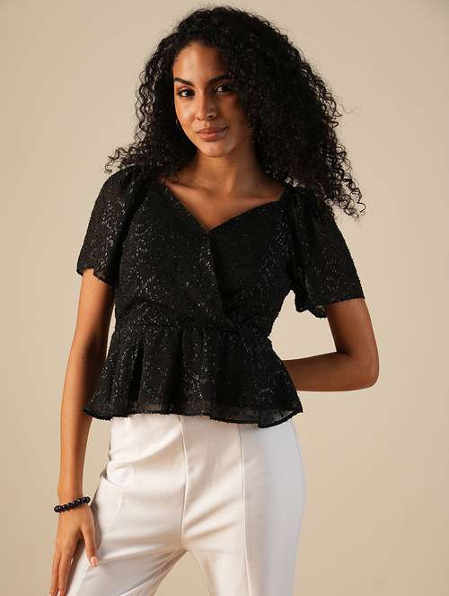 globus women black sweetheart neck puff sleeves shiny self design gathered wrap party top - 21648875 -  Standard Image - 0