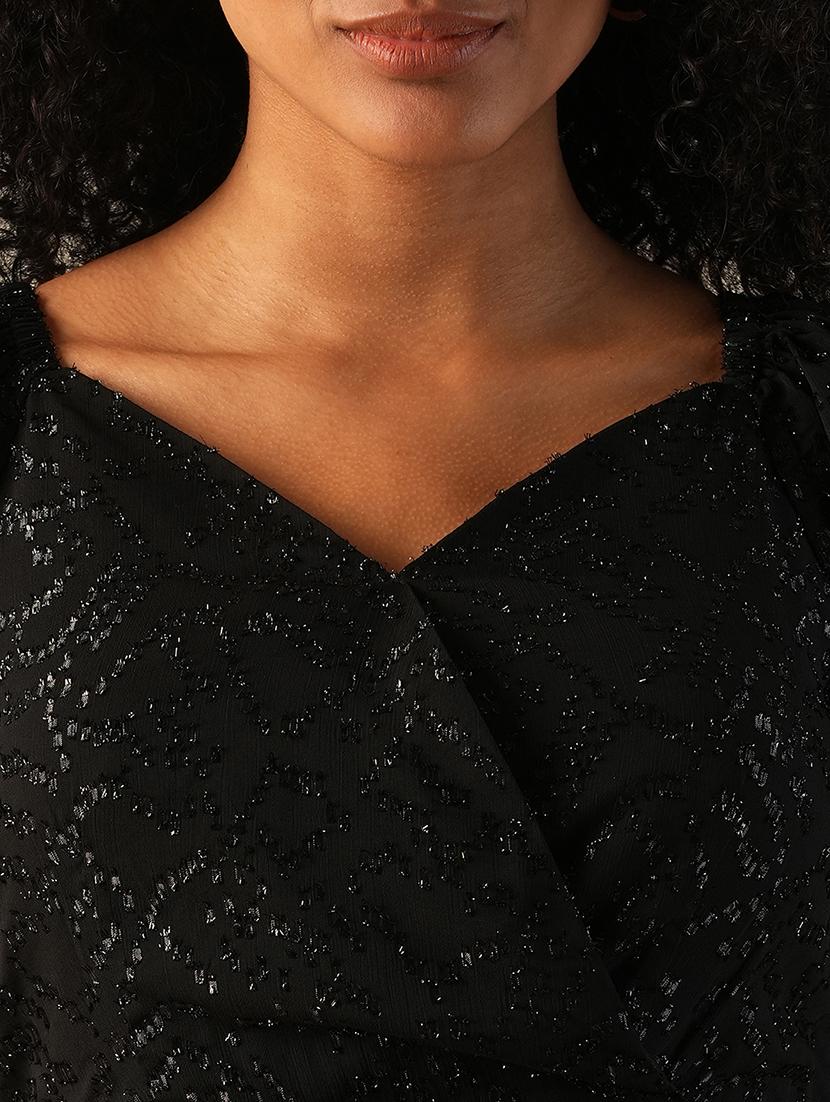 globus women black sweetheart neck puff sleeves shiny self design gathered wrap party top - 21648875 - Standard Image - 4