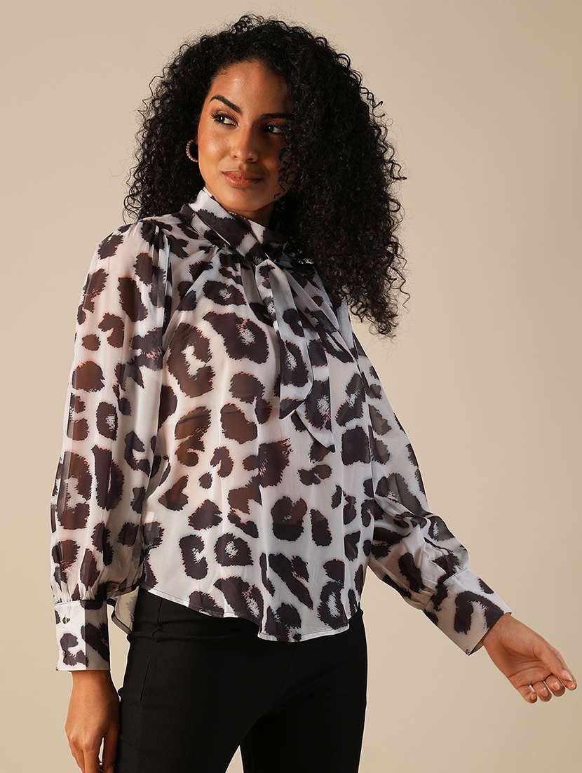 globus women white high neck cuffed sleeves tie-up detail animal printed georgette party top