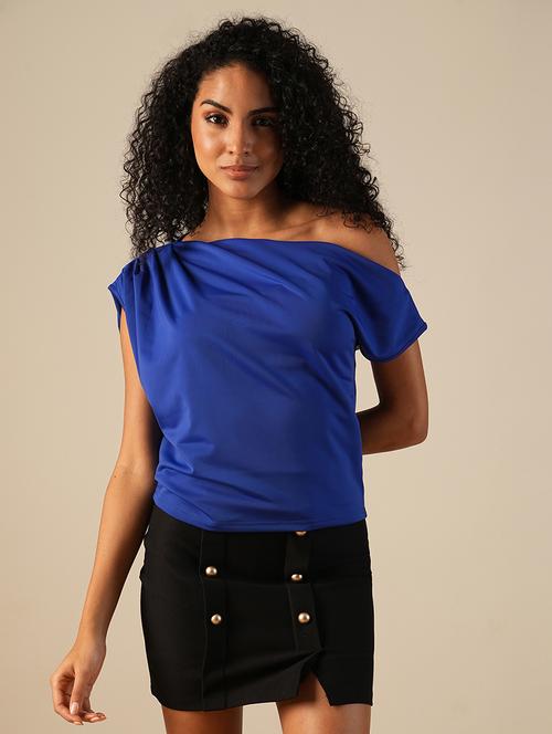 globus women blue one shoulder extended sleeve solid gather detail party top - 21648882 -  Standard Image - 0