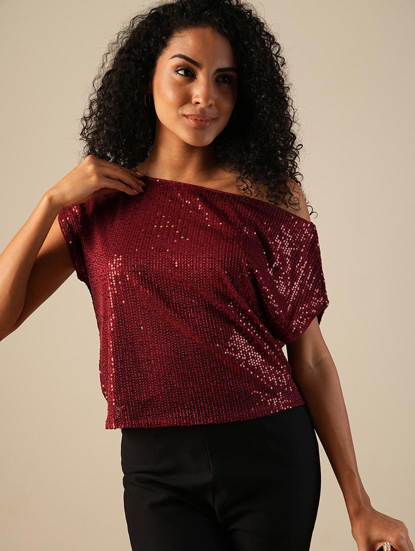 globus women maroon one shoulder extended sleeve sequinned party top - 21648883 - Standard Image - 1